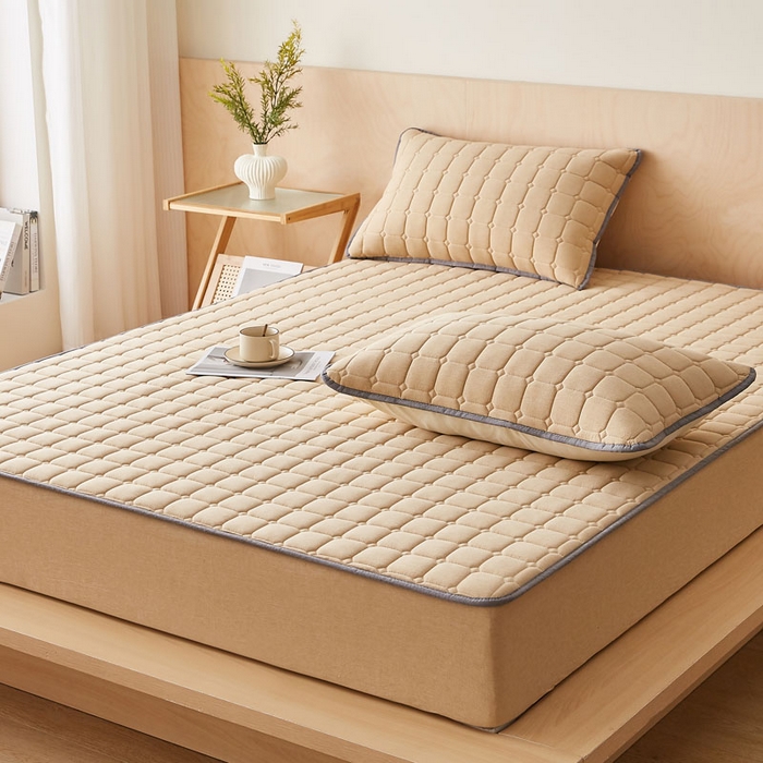 91家纺网 家纺一手货源 找家纺 暖季家纺 2025新款水洗棉夹棉床笠无印风棉花款 棉花床笠卡其