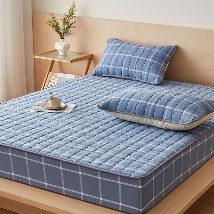 91家纺网 家纺一手货源 找家纺 暖季家纺 2025新款水洗棉夹棉床笠无印风棉花款 棉花床笠兰灰中格