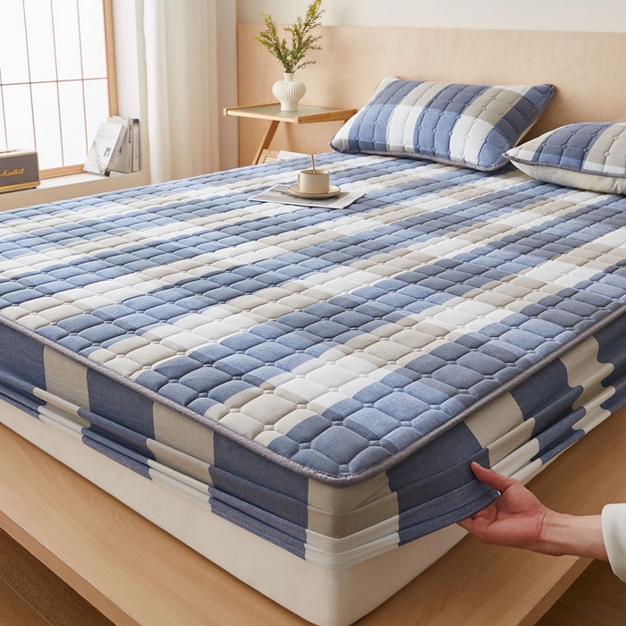 91家纺网 家纺一手货源 找家纺 暖季家纺 2025新款水洗棉夹棉床笠无印风棉花款 棉花床笠蓝大格