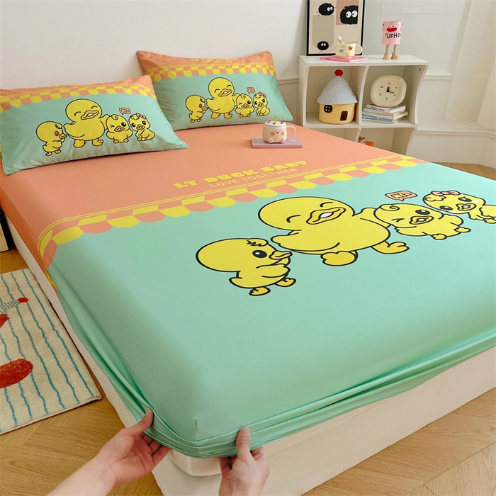91家纺网 家纺一手货源 找家纺 梦舒羽 2025新款正版全棉床笠卡通床笠罩全包席梦思床垫保护罩 萌鸭一族-绿