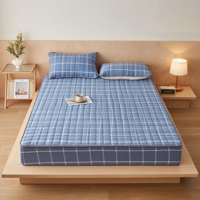 91家纺网 家纺一手货源 找家纺 暖季家纺 2025新款水洗棉夹棉床笠无印风棉花款 棉花床笠兰灰中格