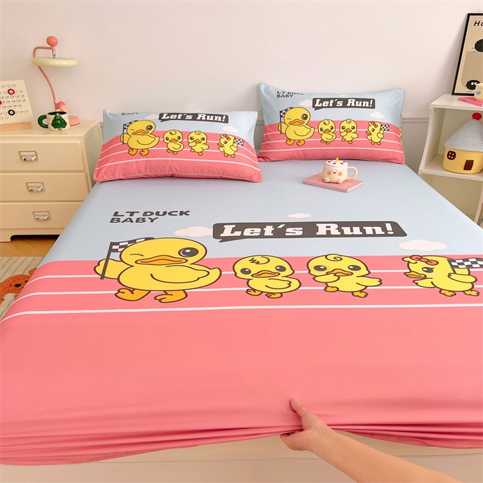 91家纺网 家纺一手货源 找家纺 梦舒羽 2025新款正版全棉床笠卡通床笠罩全包席梦思床垫保护罩 竞速鸭