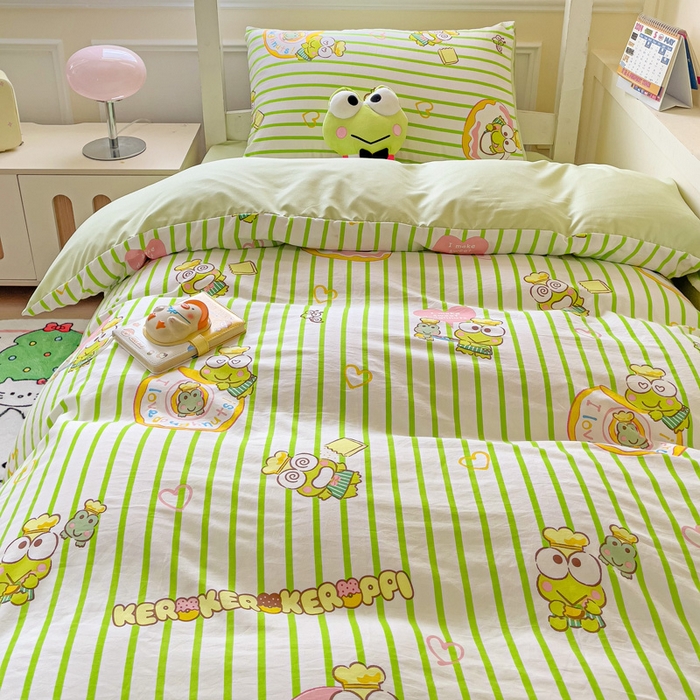 91家纺网 家纺一手货源 找家纺 贝扬思家纺 2025新款水洗棉三丽鸥简约系列四件套-宿舍床 甜甜圈大眼青蛙