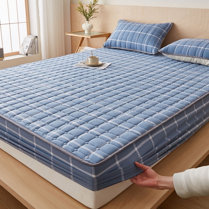 91家纺网 家纺一手货源 找家纺 暖季家纺 2025新款水洗棉夹棉床笠无印风棉花款 棉花床笠兰灰中格