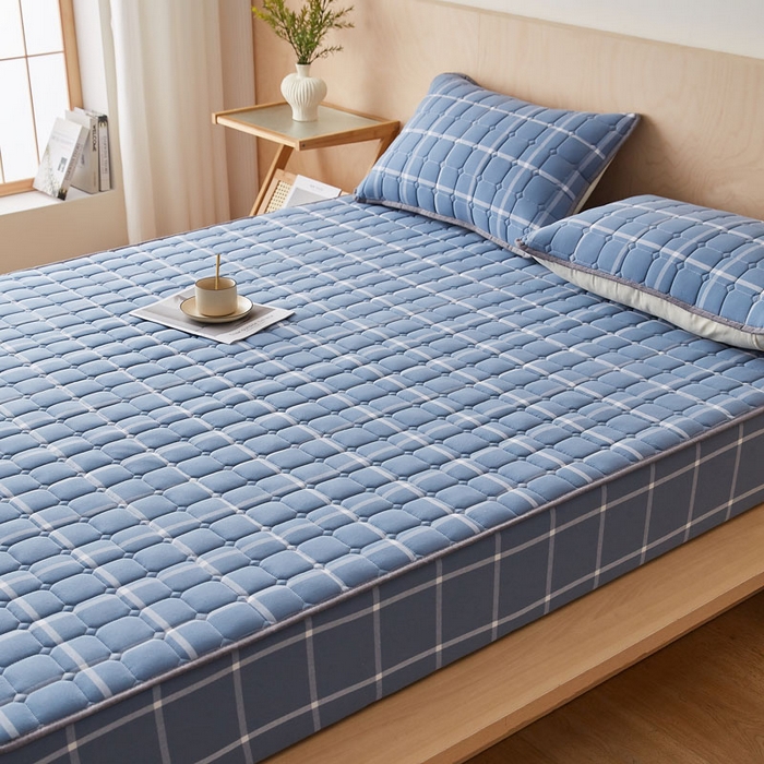 91家纺网 家纺一手货源 找家纺 暖季家纺 2025新款水洗棉夹棉床笠无印风棉花款 棉花床笠兰灰中格