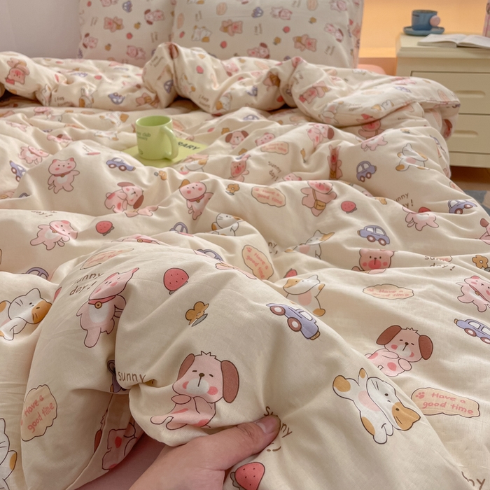 91家纺网 家纺一手货源 找家纺 桃子家居 2025新款A类纯棉有氧双层纱小清新可爱少女系列四件套 棉双层纱-萌萌日记