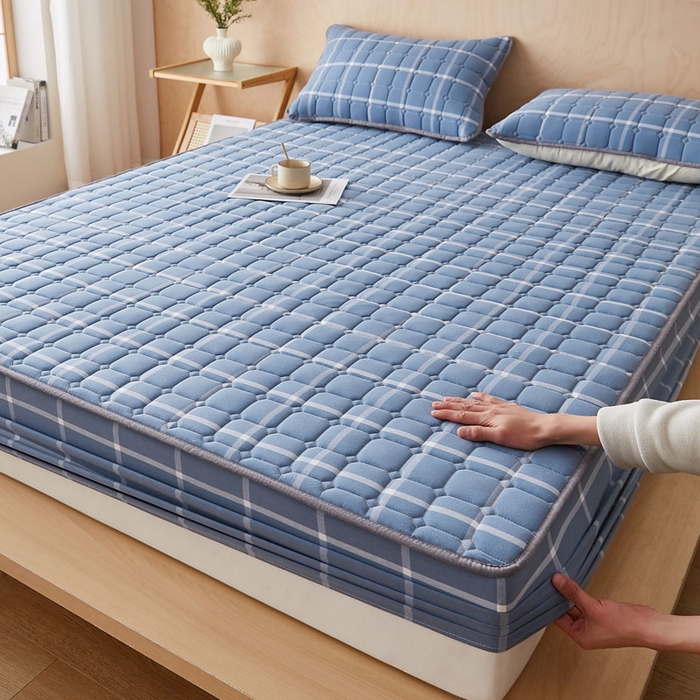 91家纺网 家纺一手货源 找家纺 暖季家纺 2025新款水洗棉夹棉床笠无印风棉花款 棉花床笠兰灰中格