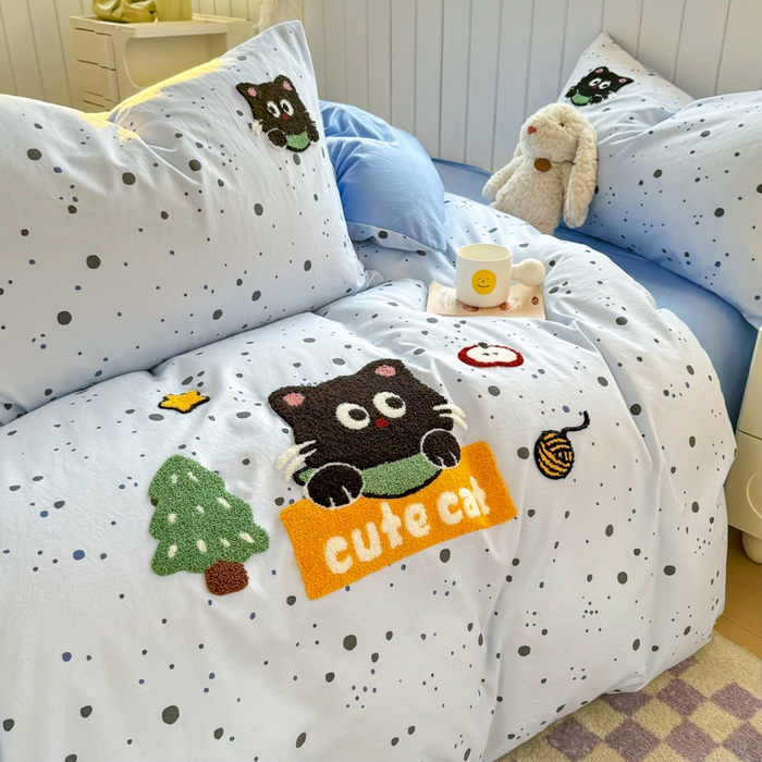 91家纺网 家纺一手货源 找家纺 上尚居 2025新款云朵棉卡通毛巾绣四件套 波点猫-蓝