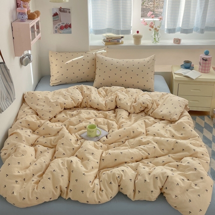 桃子家居2025新款A类纯棉有氧双层纱小清新可爱少女系列四件套 棉双层纱-美拉德樱桃