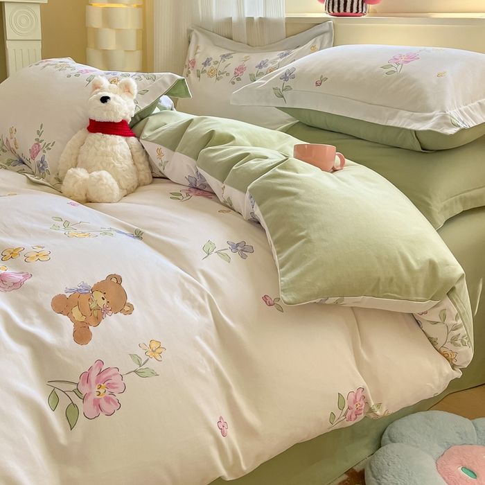 91家纺网 家纺一手货源 找家纺 （买家秀爆款不断货）A类母婴级100纯棉全棉磨毛四件套全棉纯棉全棉磨毛四件套百分百纯棉全棉磨毛四件套 甜心-花园小熊