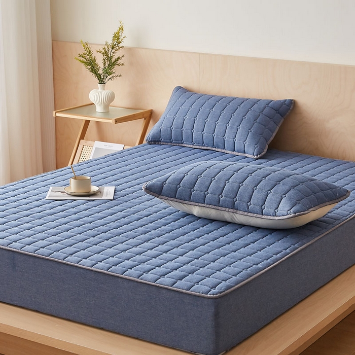 91家纺网 家纺一手货源 找家纺 暖季家纺 2025新款水洗棉夹棉床笠无印风棉花款 棉花床笠蓝