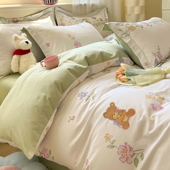 91家纺网 家纺一手货源 找家纺 （买家秀爆款不断货）A类母婴级100纯棉全棉磨毛四件套全棉纯棉全棉磨毛四件套百分百纯棉全棉磨毛四件套 甜心-花园小熊