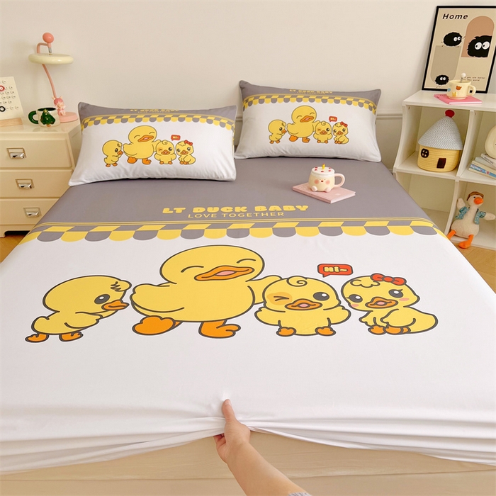 91家纺网 家纺一手货源 找家纺 梦舒羽 2025新款正版全棉床笠卡通床笠罩全包席梦思床垫保护罩 萌鸭一族-白