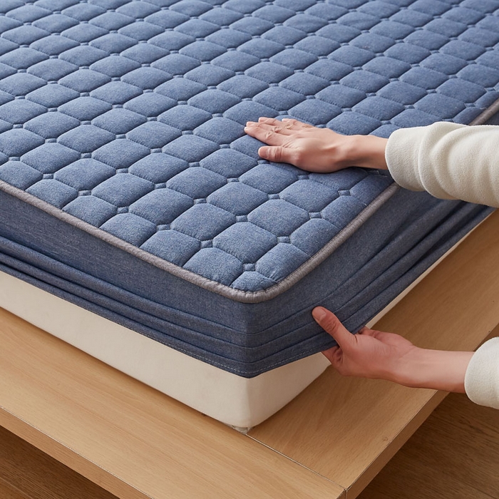 91家纺网 家纺一手货源 找家纺 暖季家纺 2025新款水洗棉夹棉床笠无印风棉花款 棉花床笠蓝