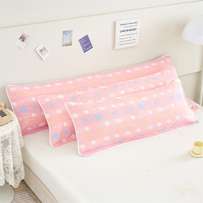 91家纺网 家纺一手货源 找家纺 朴尔家纺-毛巾被 2025新款全棉六层纱布双人枕巾 彩云粉-双人枕巾