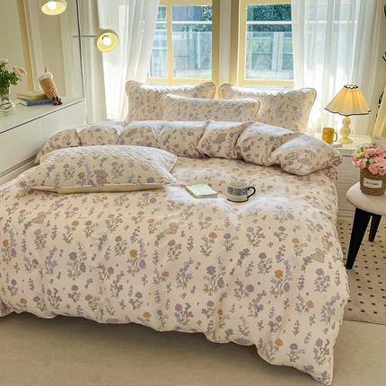 91家纺网 家纺一手货源 找家纺 禧缘家纺   2025新款全棉印花花边夹棉床裙式床笠四件套系列 清新田野