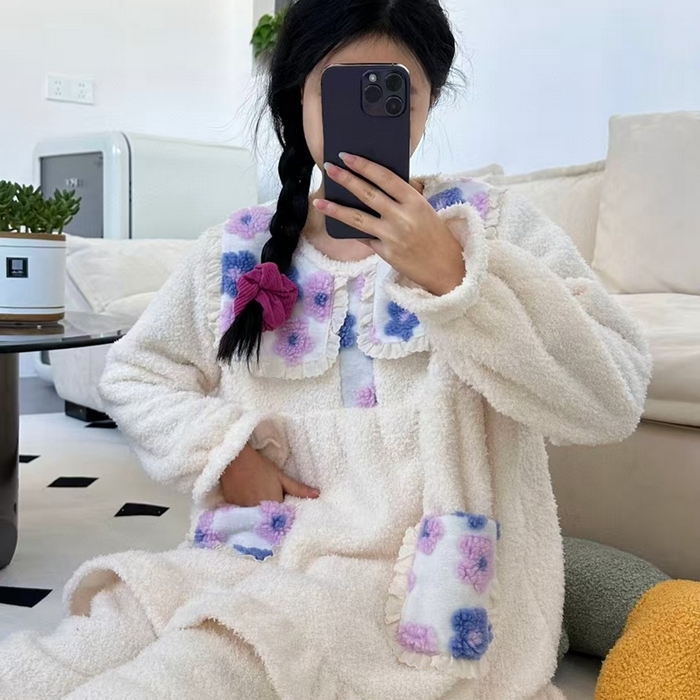 91家纺网 家纺一手货源 找家纺 （总）妍景家居生活馆 韩系拼接大翻领套装家居服