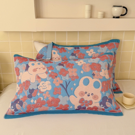 91家纺网 家纺一手货源 找家纺 朴尔家纺-毛巾被 2025新款彩棉云柔纯棉三层纱布枕巾 春樱