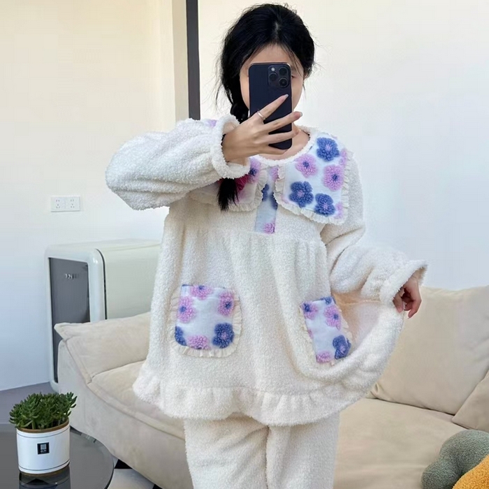 91家纺网 家纺一手货源 找家纺 （总）妍景家居生活馆 韩系拼接大翻领套装家居服