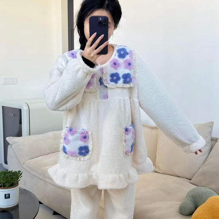 91家纺网 家纺一手货源 找家纺 （总）妍景家居生活馆 韩系拼接大翻领套装家居服