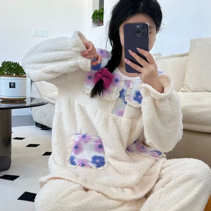 91家纺网 家纺一手货源 找家纺 （总）妍景家居生活馆 韩系拼接大翻领套装家居服