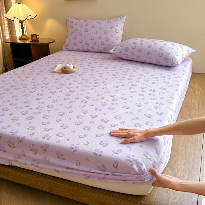 91家纺网 家纺一手货源 找家纺 寻米 2025新款A类全棉双层纱印花单床笠 小苍兰