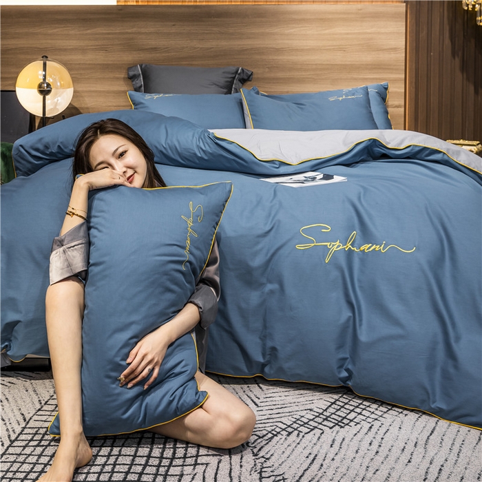 91家纺网 家纺一手货源 找家纺 （买家秀 爆款花型不断货）纯棉四件套纯棉全棉四件套长绒棉刺绣四件套长绒棉四件套贡缎四件套轻奢四件套 宝兰配浅灰