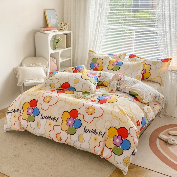 91家纺网 家纺一手货源 找家纺 （买家秀爆款花色不断货）A类母婴级小清新磨毛四件套简约磨毛四件套花卉磨毛四件套卡通磨毛四件套格子条纹 七色花