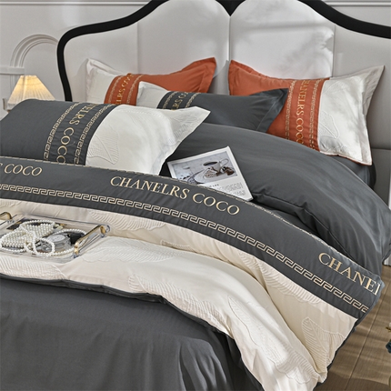 91家纺网 家纺一手货源 找家纺 （买家秀爆款花色不断货）A类母婴级刺绣磨毛四件套简约磨毛四件套水洗磨毛四件套水洗棉磨毛刺绣四件套纯棉 卡诗-灰叶子