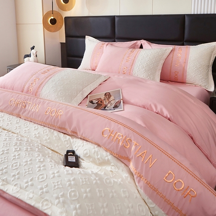 91家纺网 家纺一手货源 找家纺 （买家秀爆款花色不断货）A类母婴级刺绣磨毛四件套简约磨毛四件套水洗磨毛四件套水洗棉磨毛刺绣四件套纯棉 慕兰迪-甜心粉