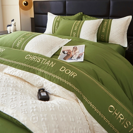 91家纺网 家纺一手货源 找家纺 （买家秀爆款花色不断货）A类母婴级刺绣磨毛四件套简约磨毛四件套水洗磨毛四件套水洗棉磨毛刺绣四件套纯棉 慕兰迪-云川绿