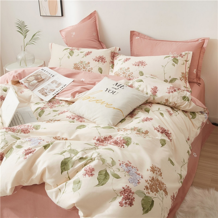 91家纺网 家纺一手货源 找家纺 沐白家居 2025新款全棉印花四件套 南枝-粉