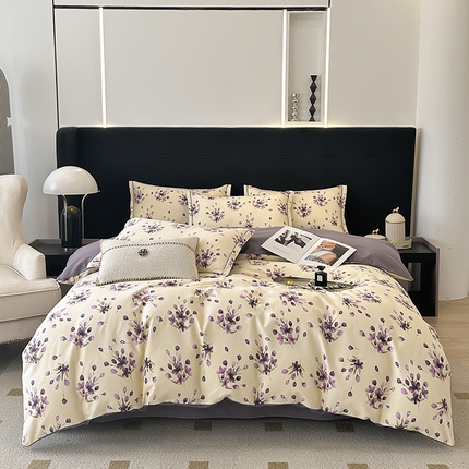 91家纺网 家纺一手货源 找家纺 （买家秀 爆款花色不断货）A类母婴级纯棉磨毛四件套简约纯棉全棉磨毛四件套纯棉四件套全棉四件套花卉磨毛 紫花韵