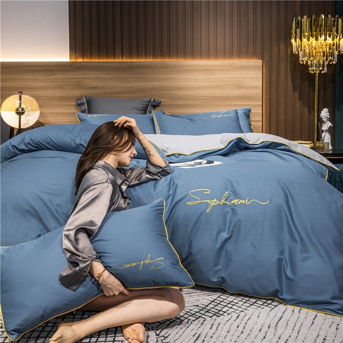 91家纺网 家纺一手货源 找家纺 （买家秀 爆款花型不断货）纯棉四件套纯棉全棉四件套长绒棉刺绣四件套长绒棉四件套贡缎四件套轻奢四件套 宝兰配浅灰