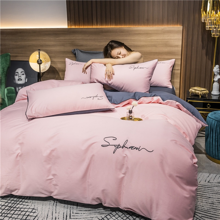 91家纺网 家纺一手货源 找家纺 （买家秀 爆款花型不断货）纯棉四件套纯棉全棉四件套长绒棉刺绣四件套长绒棉四件套贡缎四件套轻奢四件套 粉玉配灰紫