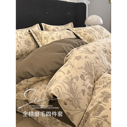 91家纺网 家纺一手货源 找家纺 （买家秀 爆款花色不断货）A类母婴级纯棉磨毛四件套简约纯棉全棉磨毛四件套纯棉四件套全棉四件套花卉磨毛 展示图