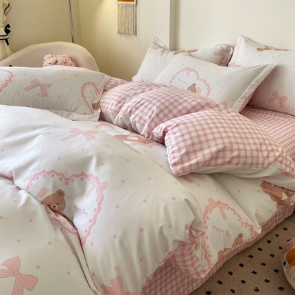 91家纺网 家纺一手货源 找家纺 （买家秀爆款花色不断货）A类母婴级小清新磨毛四件套简约磨毛四件套花卉磨毛四件套卡通磨毛四件套格子条纹 奶油小熊