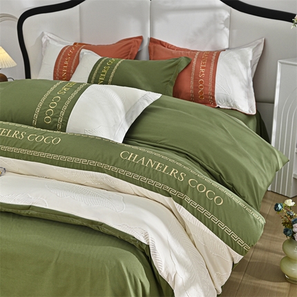 91家纺网 家纺一手货源 找家纺 （买家秀爆款花色不断货）A类母婴级刺绣磨毛四件套简约磨毛四件套水洗磨毛四件套水洗棉磨毛刺绣四件套纯棉 卡诗-绿叶子