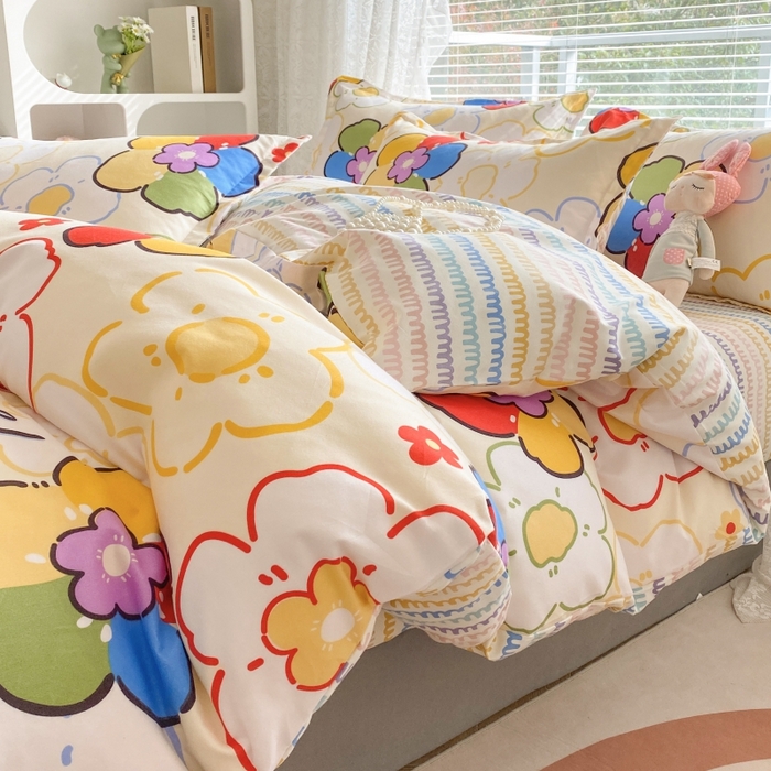 91家纺网 家纺一手货源 找家纺 （买家秀爆款花色不断货）A类母婴级小清新磨毛四件套简约磨毛四件套花卉磨毛四件套卡通磨毛四件套格子条纹 七色花