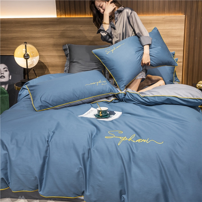 91家纺网 家纺一手货源 找家纺 （买家秀 爆款花型不断货）纯棉四件套纯棉全棉四件套长绒棉刺绣四件套长绒棉四件套贡缎四件套轻奢四件套 宝兰配浅灰