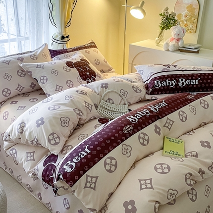 91家纺网 家纺一手货源 找家纺 （买家秀爆款花色不断货）A类母婴级小清新磨毛四件套简约磨毛四件套花卉磨毛四件套卡通磨毛四件套格子条纹 时尚熊.咖