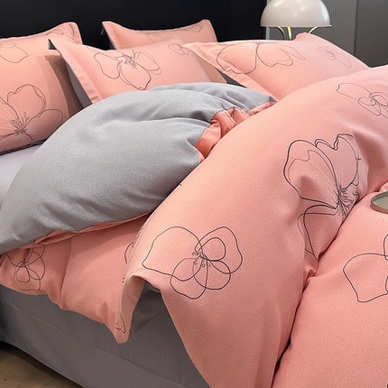 91家纺网 家纺一手货源 找家纺 （买家秀 爆款花色不断货）A类母婴级纯棉磨毛四件套简约纯棉全棉磨毛四件套纯棉四件套全棉四件套花卉磨毛 预谋邂逅-粉