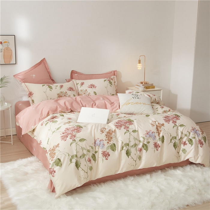 91家纺网 家纺一手货源 找家纺 沐白家居 2025新款全棉印花四件套 南枝-粉