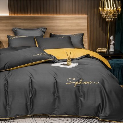 91家纺网 家纺一手货源 找家纺 （买家秀 爆款花型不断货）纯棉四件套纯棉全棉四件套长绒棉刺绣四件套长绒棉四件套贡缎四件套轻奢四件套 深灰姜黄