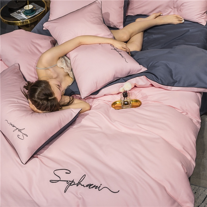 91家纺网 家纺一手货源 找家纺 （买家秀 爆款花型不断货）纯棉四件套纯棉全棉四件套长绒棉刺绣四件套长绒棉四件套贡缎四件套轻奢四件套 粉玉配灰紫