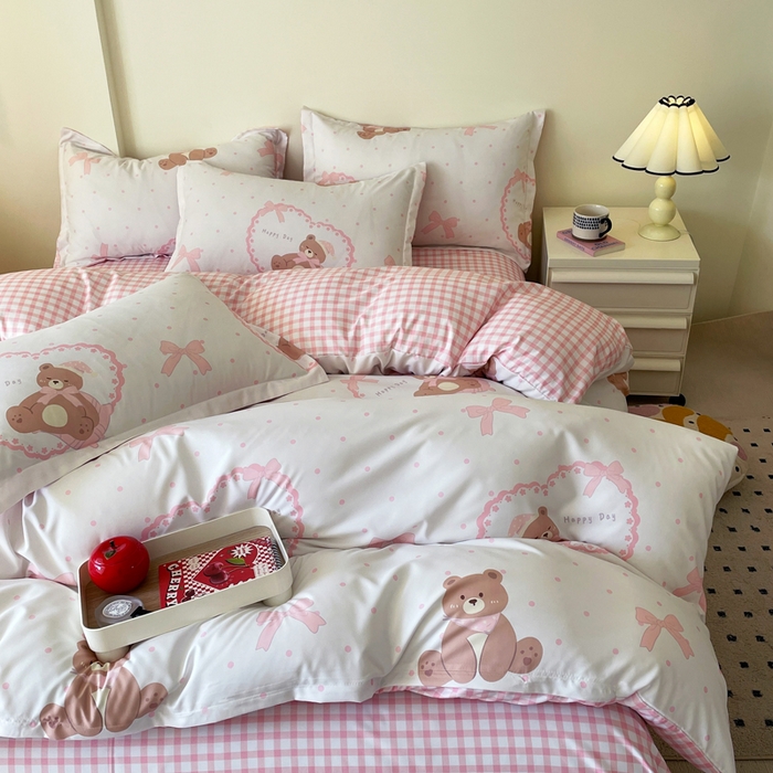 91家纺网 家纺一手货源 找家纺 （买家秀爆款花色不断货）A类母婴级小清新磨毛四件套简约磨毛四件套花卉磨毛四件套卡通磨毛四件套格子条纹 奶油小熊