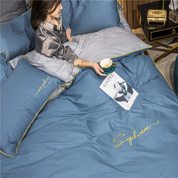 91家纺网 家纺一手货源 找家纺 （买家秀 爆款花型不断货）纯棉四件套纯棉全棉四件套长绒棉刺绣四件套长绒棉四件套贡缎四件套轻奢四件套 宝兰配浅灰