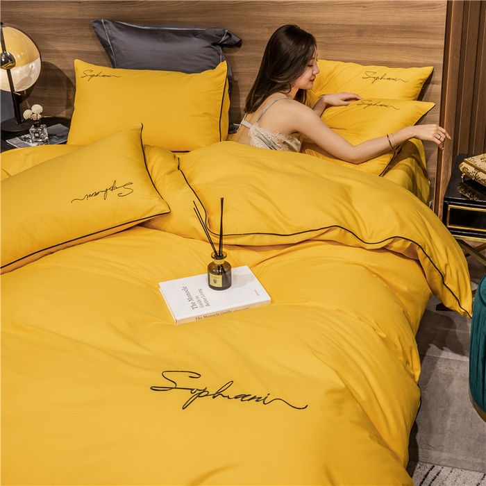 91家纺网 家纺一手货源 找家纺 （买家秀 爆款花型不断货）纯棉四件套纯棉全棉四件套长绒棉刺绣四件套长绒棉四件套贡缎四件套轻奢四件套 姜黄