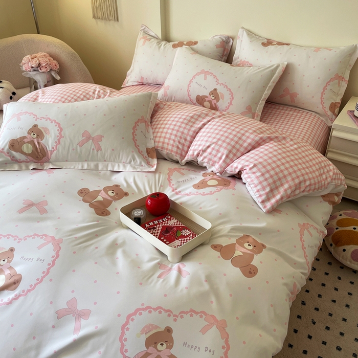 91家纺网 家纺一手货源 找家纺 （买家秀爆款花色不断货）A类母婴级小清新磨毛四件套简约磨毛四件套花卉磨毛四件套卡通磨毛四件套格子条纹 奶油小熊