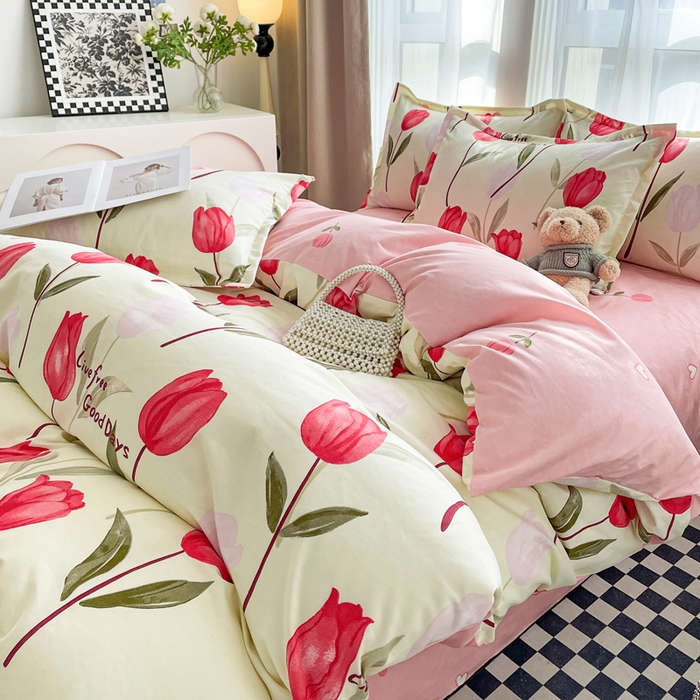 91家纺网 家纺一手货源 找家纺 （买家秀爆款花色不断货）A类母婴级小清新磨毛四件套简约磨毛四件套花卉磨毛四件套卡通磨毛四件套格子条纹 情意绵绵